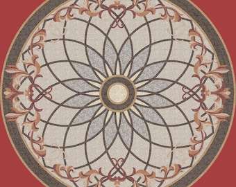 Medaglione circolare in mosaico di marmo personalizzabile fatto a mano / Centro floreale geometrico con accenti barocchi a volute / Piastrella artistica per pavimento/parete