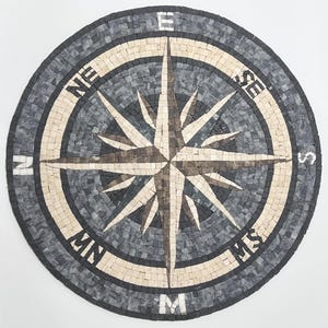Brújula de mosaico de mármol hecha a mano / Rosa de los Vientos de mosaico de piedra natural personalizada para suelo/pared / Decoración de mármol de inspiración náutica