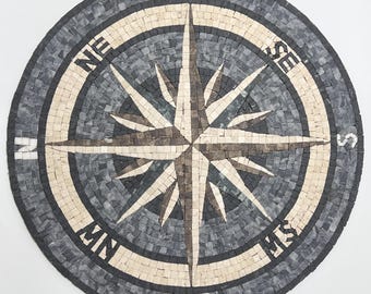 Brújula de mosaico de mármol hecha a mano / Rosa de los Vientos de mosaico de piedra natural personalizada para suelo/pared / Decoración de mármol de inspiración náutica