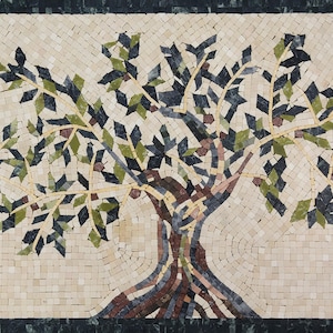 May include: A mosaic artwork depicting an olive tree. The tree features a brown trunk, branches with green and dark blue leaves, and small, round fruits. The mosaic is set against a light beige background with a dark green border.