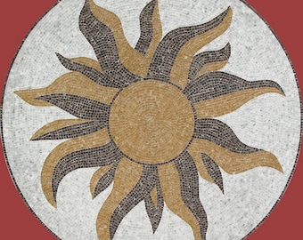 Handmade Customizable Marble Mosaic Circular Medallion | Sunburst Motif | Brown Black White Floor Wall Art Tile