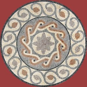 Handmade Customizable Marble Mosaic Circular Medallion | Intertwined Scrollwork & Central Floral Motif | Floor/Wall Art Tile