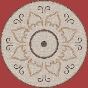 Handmade Customizable Marble Mosaic Circular Medallion | Symmetrical Scroll & Leaf Motif | Beige Brown Floor Wall Art Tile
