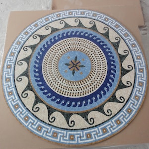 Handmade Marble Mosaic Circular Medallion | Greek Key & Wave Scroll Design | Blue Green Gold Floor Wall Art Tile