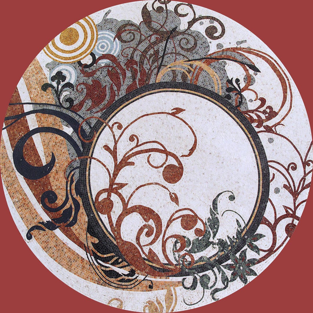 Handcrafted Art Nouveau Circular Mosaic Art - Vintage Floral Scroll ...