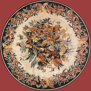 Handmade Customizable Marble Mosaic Circular Medallion | Ornate Floral Bouquet & Wreath Border | Floor Wall Art Tile
