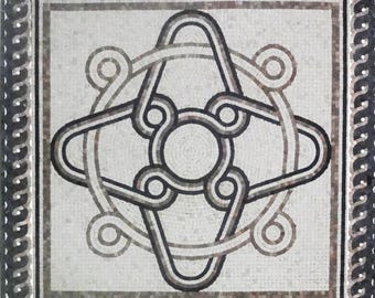 Handmade Marble Mosaic Square Medallion | Celtic Knot Wave Border Design | Neutral Tone Floor Wall Art Tile