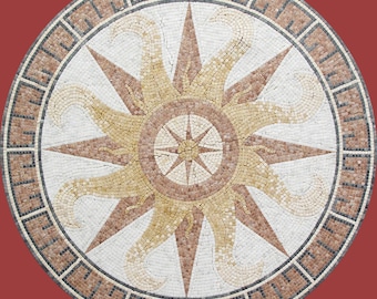 Handmade Customizable Marble Mosaic Circular Medallion | Sun-Compass Hybrid Motif | Brown Beige White Floor Wall Art Tile