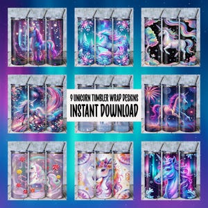 Unicorn Tumbler Wrap Bundle PNG – 9 Magical Designs for 20oz Skinny Tumblers, Fantasy Seamless Sublimation Wraps, Digital Download