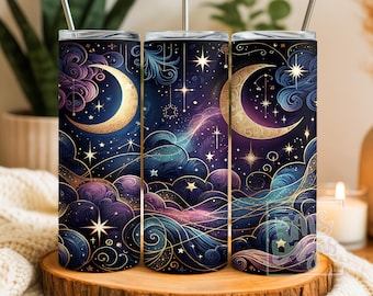 Celestial Night Sky Tumbler Wrap PNG – Gold Moon, Stars & Swirling Clouds