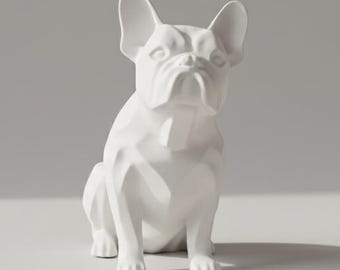 May include: A white ceramic French Bulldog figurine in a sitting position. The dog has a detailed face with a wrinkled snout and large, upright ears. The figurine is on a white surface with soft shadows.
