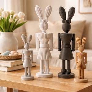 Puede incluir: Cuatro figuras decorativas de conejos en blanco, gris, negro y beige, dispuestas sobre una mesa de madera. Cada conejo tiene orejas largas y un diseño similar a un vestido. El fondo incluye un jarrón con flores blancas y un salón de tonos neutros.