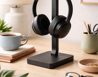 May include: Black headphones resting on a black headphone stand. The stand is on a wooden desk, with a coffee cup, books, and other desk accessories visible in the background. The headphones are over-ear style.