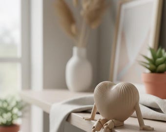 3D Printed Ribbed Heart Sculpture, Modern Minimalist Decor