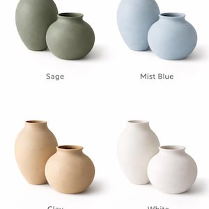 Pu&ograve; includere: Quattro set di vasi in ceramica nei colori salvia, blu nebbia, argilla e bianco. Ogni set include un vaso pi&ugrave; grande e uno pi&ugrave; piccolo con corpo arrotondato e collo stretto. Il testo etichetta ogni colore.