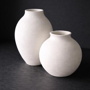 Pu&ograve; includere: Due vasi in ceramica bianca con finitura opaca. I vasi hanno una forma arrotondata con un collo stretto. Il vaso pi&ugrave; grande &egrave; pi&ugrave; alto di quello pi&ugrave; piccolo. Lo sfondo &egrave; scuro.