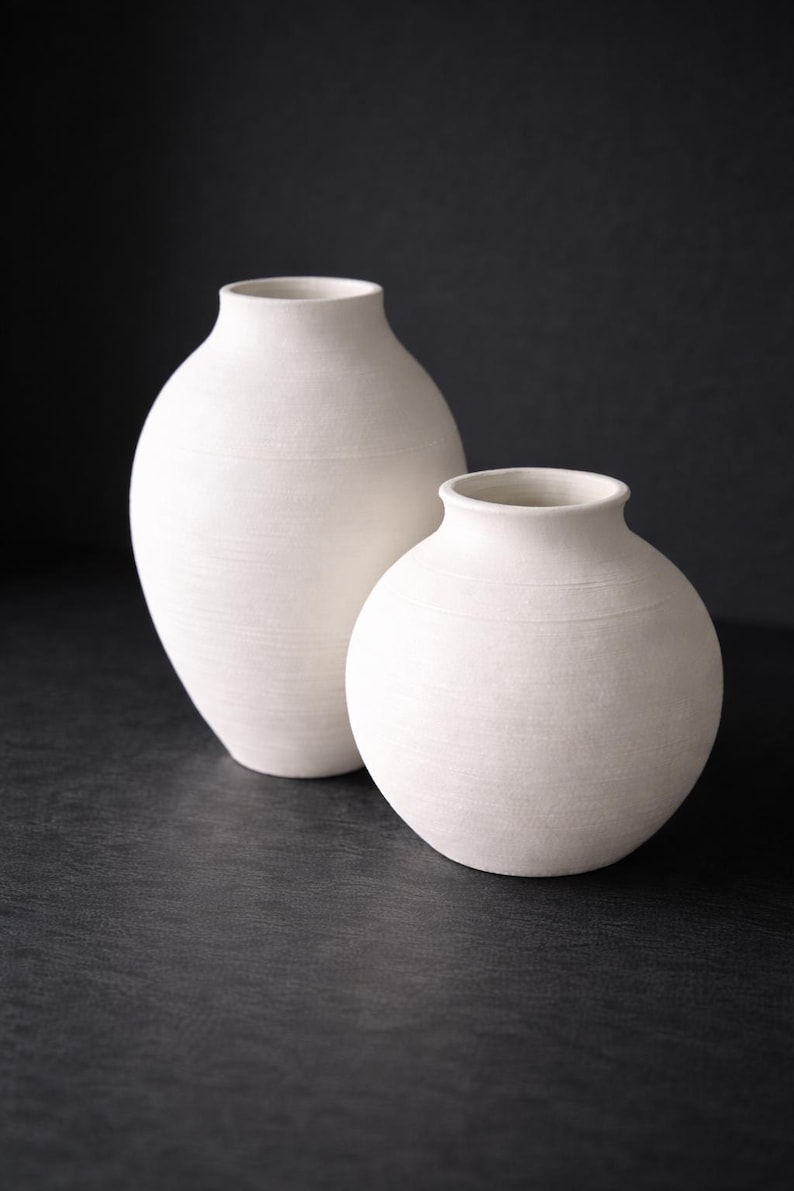 Pu&ograve; includere: Due vasi in ceramica bianca con finitura opaca. I vasi hanno una forma arrotondata con un collo stretto. Il vaso pi&ugrave; grande &egrave; pi&ugrave; alto di quello pi&ugrave; piccolo. Lo sfondo &egrave; scuro.
