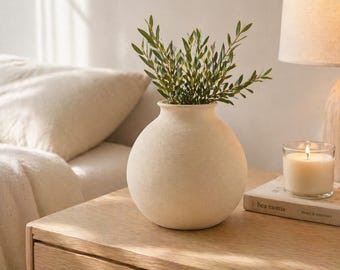 Può includere: Un vaso in ceramica color bianco sporco di forma rotonda, con una finitura opaca testurizzata e un collo stretto. Il vaso è riempito con rami di foglie verdi. La superficie del vaso appare leggermente porosa e terrosa, con un corpo sferico.