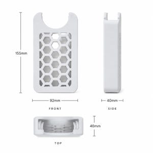 May include: A white rectangular object with a honeycomb pattern and a curved top. The front is 92mm wide and 155mm tall. The side is 40mm wide and the top is 40mm tall. The object is shown from the front, side, and top.