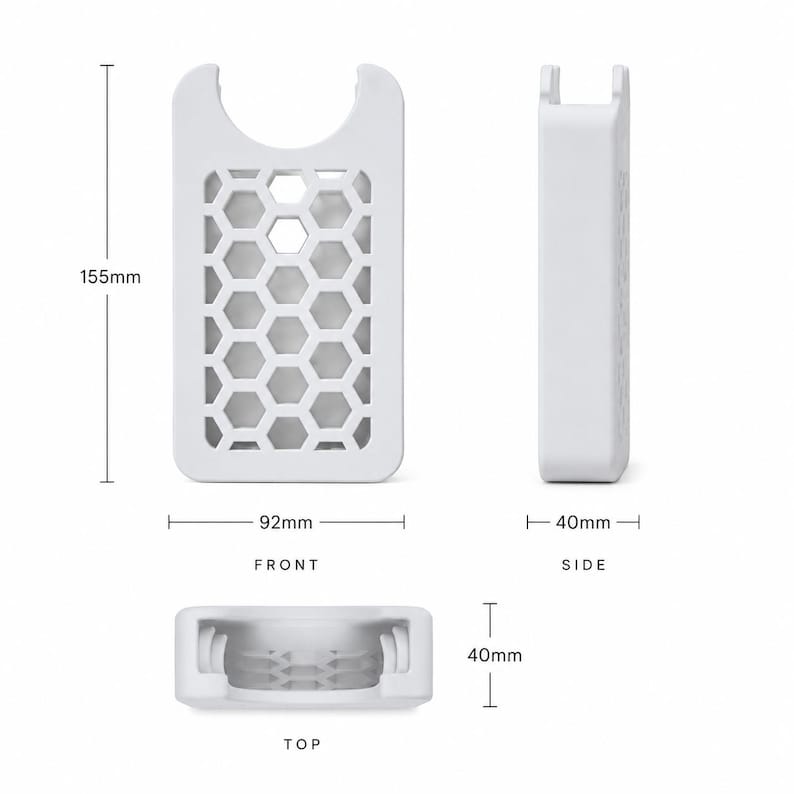 May include: A white rectangular object with a honeycomb pattern and a curved top. The front is 92mm wide and 155mm tall. The side is 40mm wide and the top is 40mm tall. The object is shown from the front, side, and top.