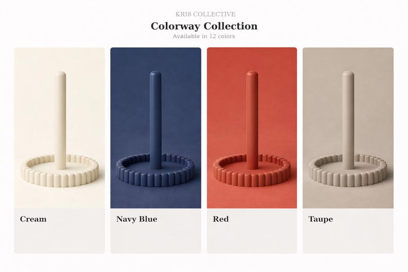 Puede incluir: La imagen muestra la colecci&oacute;n Colorway de soportes decorativos en crema, azul marino, rojo y topo. Cada soporte tiene un poste central y una base circular con un dise&ntilde;o acanalado. El texto "Colorway Collection" es visible.