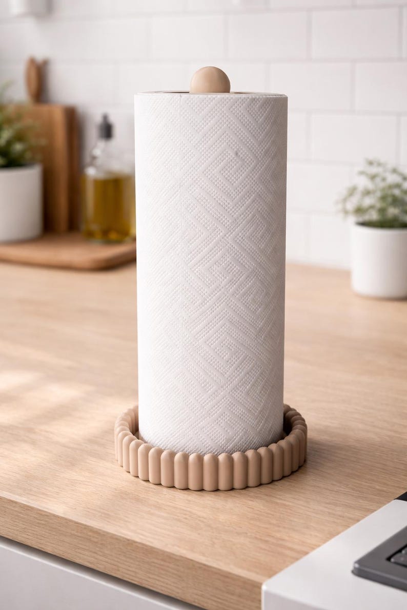 Minimalist modern paper towel holder in a neutral matte finish displayed on a clean kitchen countertop with soft natural lighting.