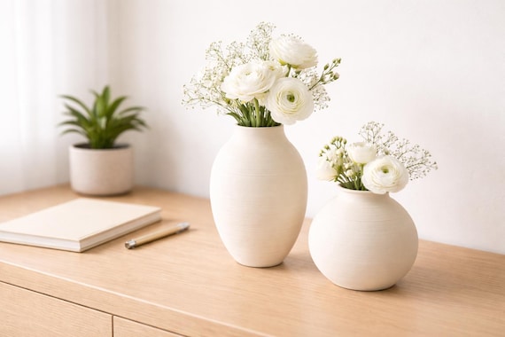 Modern Minimalist Vase Set (2) Neutral Home Decor Matte Textured Vases Soft Black Charcoal Stone Gray Sand Shelf Styling