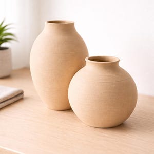 Pu&ograve; includere: Due vasi in ceramica beige di diverse dimensioni. Il vaso pi&ugrave; alto ha un collo sottile e un corpo arrotondato. Il vaso pi&ugrave; piccolo &egrave; pi&ugrave; rotondo. Entrambi i vasi hanno una superficie strutturata e sono esposti su una superficie di legno chiaro.