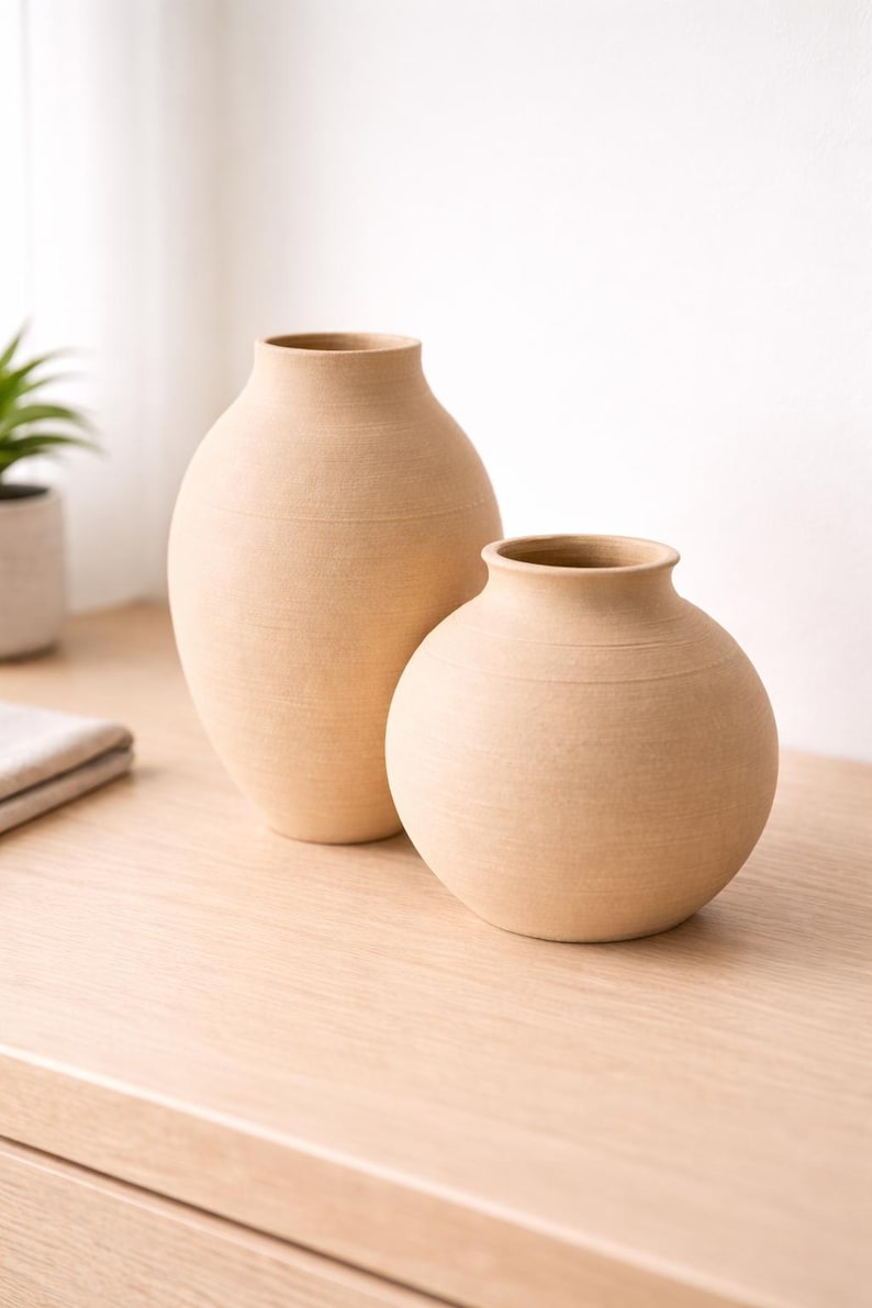 Pu&ograve; includere: Due vasi in ceramica beige di diverse dimensioni. Il vaso pi&ugrave; alto ha un collo sottile e un corpo arrotondato. Il vaso pi&ugrave; piccolo &egrave; pi&ugrave; rotondo. Entrambi i vasi hanno una superficie strutturata e sono esposti su una superficie di legno chiaro.