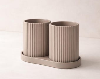 Ribbed Toothbrush Holder Set Minimal Bathroom Organizer Countertop Storage Cup
