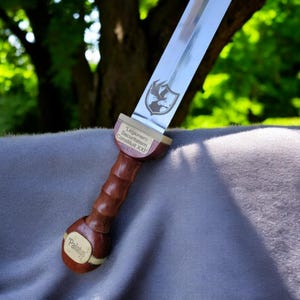K&ouml;nnte beinhalten: Ein r&ouml;misches Gladius-Schwert mit polierter Stahlklinge und Holzgriff. Der Griff ist dunkelbraun mit einer Reihe von Rillen. Die Klinge hat ein ge&auml;tztes Emblem und den Text "Legionem Securitatem Constituit XXI". Der Knauf tr&auml;gt die Aufschrift "Pallatus".