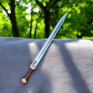 K&ouml;nnte beinhalten: Ein r&ouml;misches Gladius-Schwert mit polierter Stahlklinge und einem braunen, lederummantelten Griff. Der Knauf hat ein dekoratives Emblem. Das Schwert wird auf einer grauen Oberfl&auml;che mit verschwommenem gr&uuml;nem Hintergrund gezeigt.