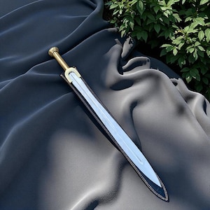 May include: A silver sword with a brass handle and a black leather sheath. The sword's blade is reflective, and the handle has a rounded pommel. The sheath is stitched with a contrasting thread, and the sword rests on a dark gray fabric.