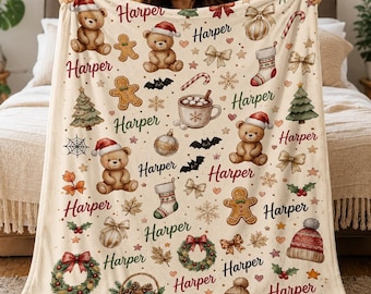 Gepersonaliseerde kerstbeer deken met eigen naam, cadeau voor baby's en peuters