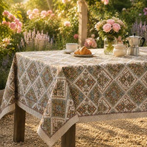 May include: A rectangular tablecloth featuring a repeating diamond pattern in muted tones of brown, blue, and cream. The fabric has a detailed geometric design with a striped border. The cloth covers a table set with a croissant, cup, and vase.