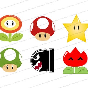 Puede incluir: Colección de gráficos de dibujos animados con personajes de un videojuego popular. Incluye una flor roja, una seta roja, una estrella amarilla, una seta verde, una bala negra y una flor roja.