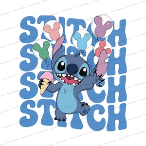 A cartoon character holding a balloon and ice cream, surrounded by the text "STITCH" in a playful and colorful design.