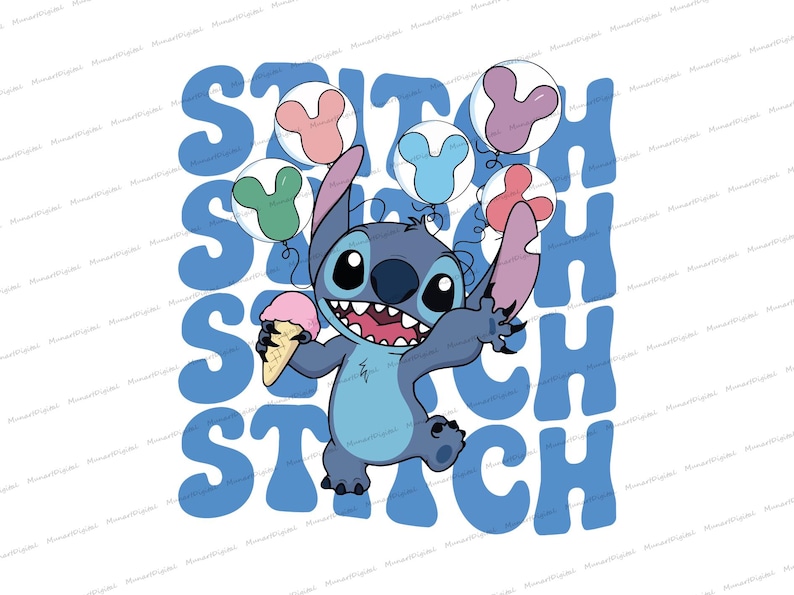 A cartoon character holding a balloon and ice cream, surrounded by the text "STITCH" in a playful and colorful design.