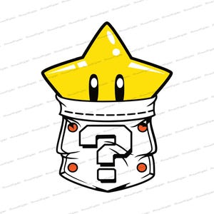 May include: A yellow star character with black eyes and a white collar, combined with a white and black question mark design. The design includes orange accents on a white background.