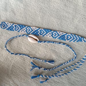 Boho Macrame Bracelet Set: Blue & White Shell, Adjustable Friendship Jewelry