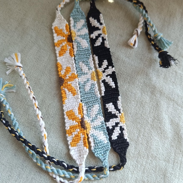 Bracelet d'amitié marguerite fait main : coton brodé bohème floral