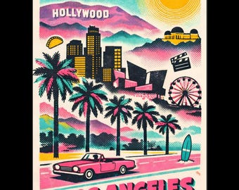 Los Angeles Retro Travel Poster, California Wall Art Print, Vintage LA Cityscape Decor, Colorful Mid Century Style Poster