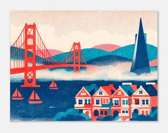 San Francisco Wall Art Print, Golden Gate Bridge Poster, Minimal Cityscape Decor, Modern Halftone Artwork