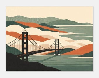 San Francisco Bay Poster, Golden Gate Fog Wall Art, Minimalist California Landscape Print