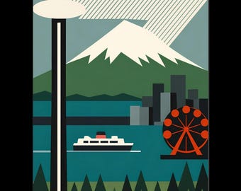 Seattle Bauhaus Poster, Geometric Wall Art Print, Mid Century Modern Seattle Decor, Pacific Northwest Cityscape