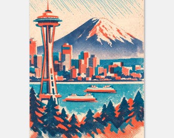 Seattle Wall Art Print, Space Needle Poster, Seattle Skyline Decor, Mount Rainier Cityscape, Pacific Northwest Art