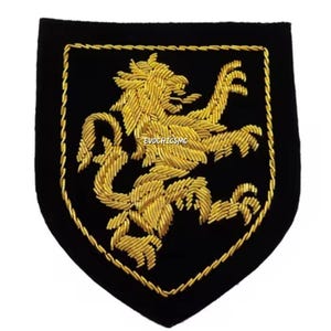 May include: A black embroidered patch featuring a gold lion rampant design within a gold border. The lion is intricately detailed with gold thread, set against a black background. The text "EVOCHICMC" is visible.