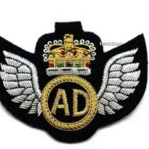May include: A black embroidered patch with a gold crown, white wings, and the letters "AD" inside a gold circle. The wings have detailed stitching. This patch is likely for a uniform or decorative item.