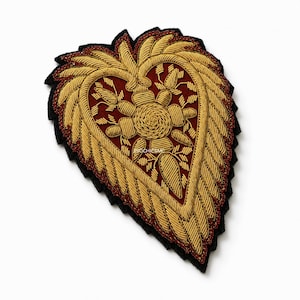 Handmade Gold Bullion Wire Embroidered Heart Patch, Beaded Feather & Floral Heraldic Crest Embellishment for Blazer Jackets