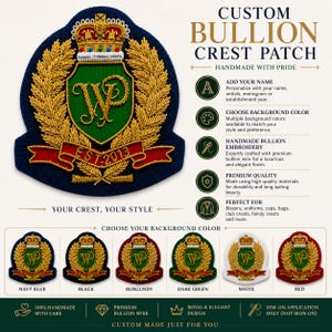 May include: A custom bullion crest patch featuring a central green shield with gold embroidered initials WP, topped with a crown, and surrounded by gold laurel leaves. A red banner at the bottom displays the text EST-2013 in gold lettering.
